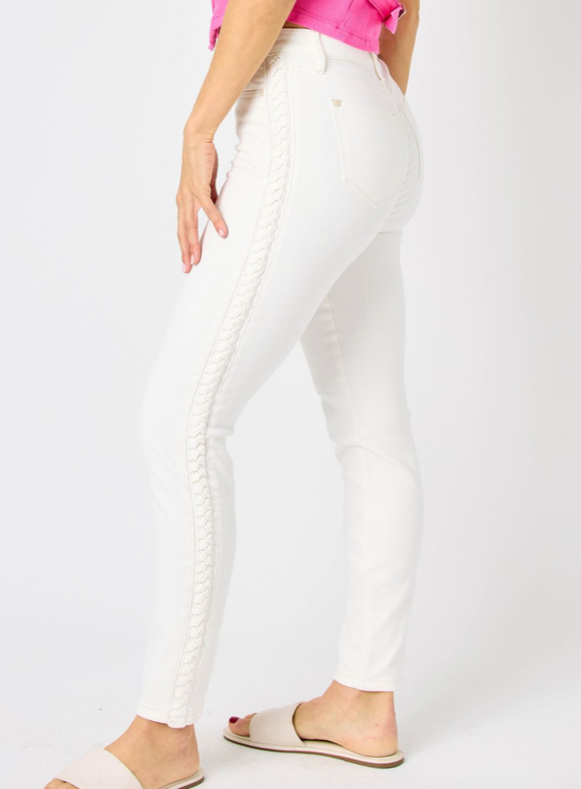 Brandy - White Braided Detail Mid Rise Skinny Judy Blue Jeans