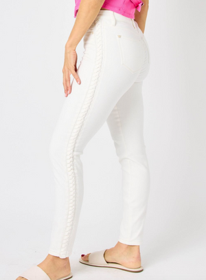 Brandy - White Braided Detail Mid Rise Skinny Judy Blue Jeans