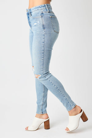 Megan - Mid Rise Tummy Control Destroy Skinny Judy Blue Jeans