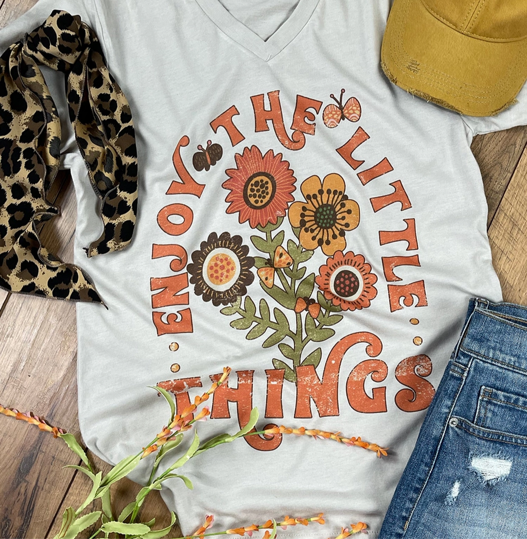 Enjoy The Little Things V Neck Ash Bella Canvas Tee