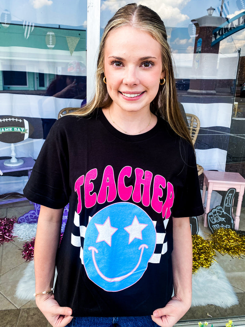 Teacher Checkered Star Smiley Tee