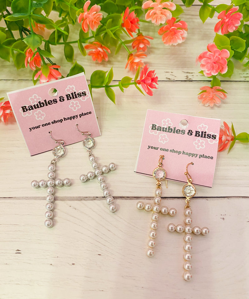 Saved By Grace Pearl Cross Earrings