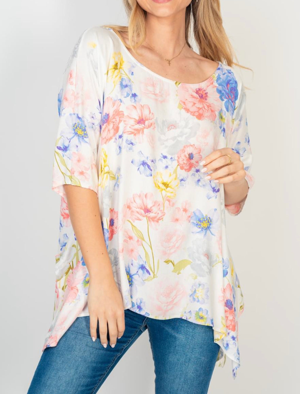Fresh Spring Day Floral Print Ivory Handkerchief Top