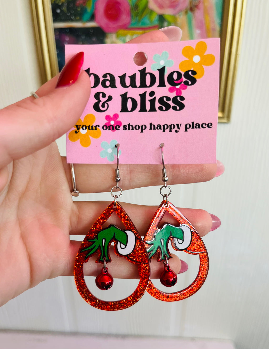 Mean One Grinch Hand Teardrop Earrings