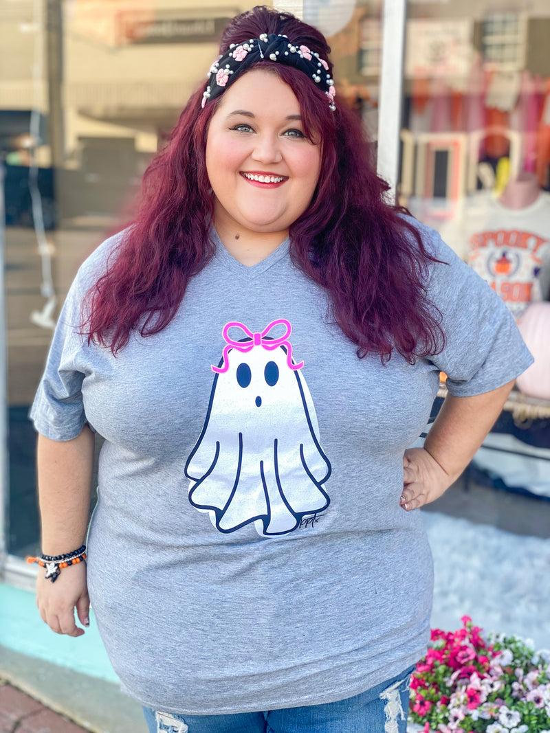 Very Cutesy Bow Glitter Ghost V Neck Tee