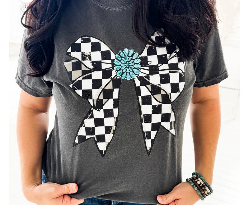 PREORDER Checkered Bow & Turquoise Comfort Colors Tee