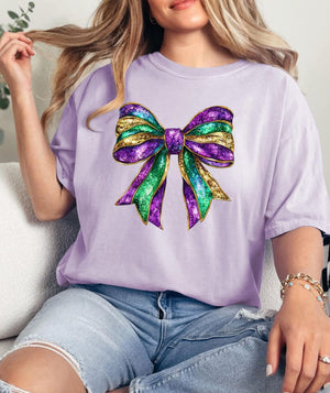 Mardi Gras Glitter Bow Comfort Colors Tee