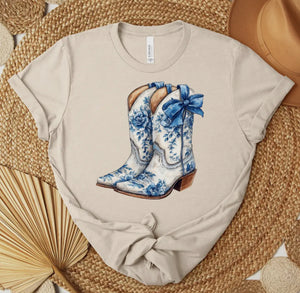 PREORDER Blue Floral Western Boots & Bow Tee