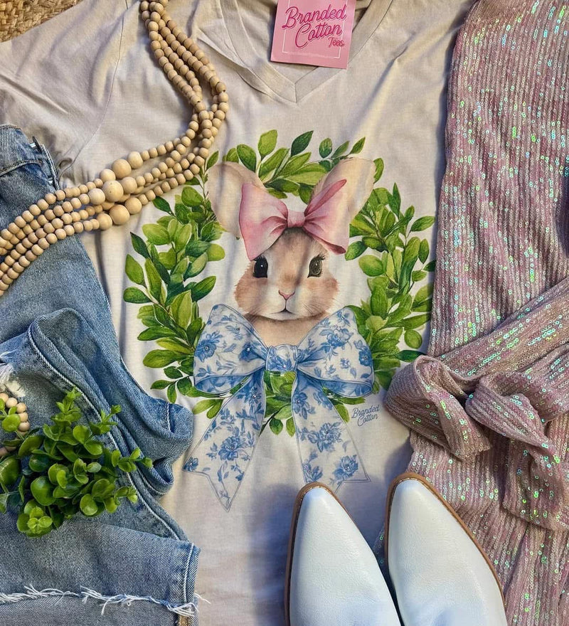 Bunny Bow Wreath V Neck Tee