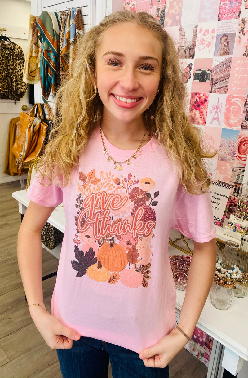 Give Thanks Fall Pumpkins Pink Tee