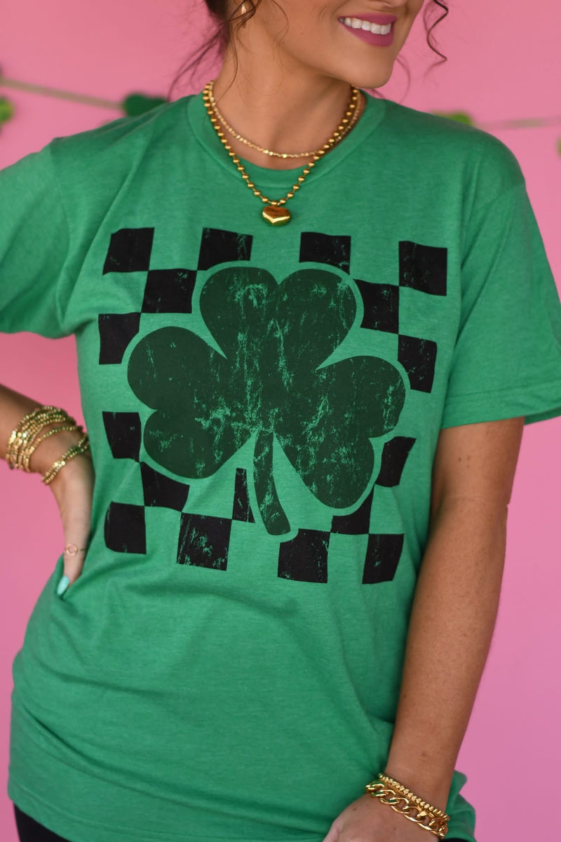 Checkered Shamrock Heathered Green Tee