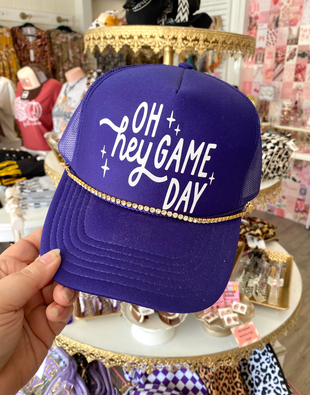 Oh Hey Game Day Trucker Hat with Bling Chain