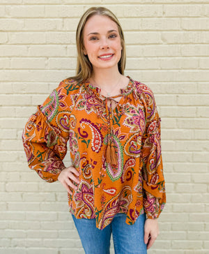 Dreaming of Fall Paisley Printed Mustard Top