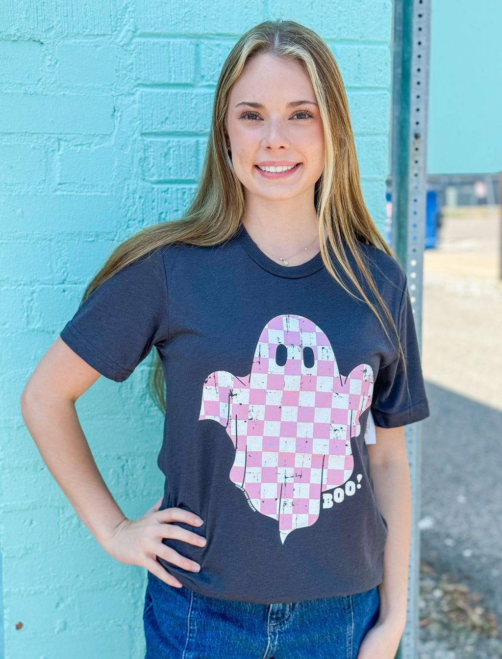 Hey Boo Pink Checkered Ghost Tee