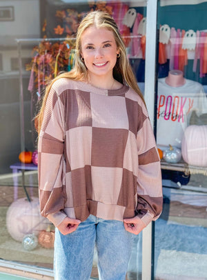 Checking Out Fall Mocha Check Long Sleeve Lightweight Top