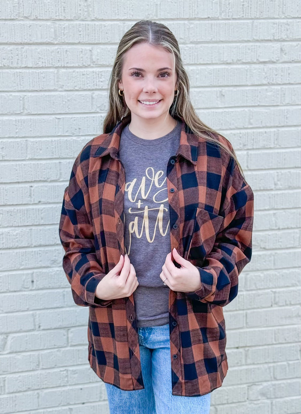 Everyday Comfort Clay/Black Oversized Flannel Top