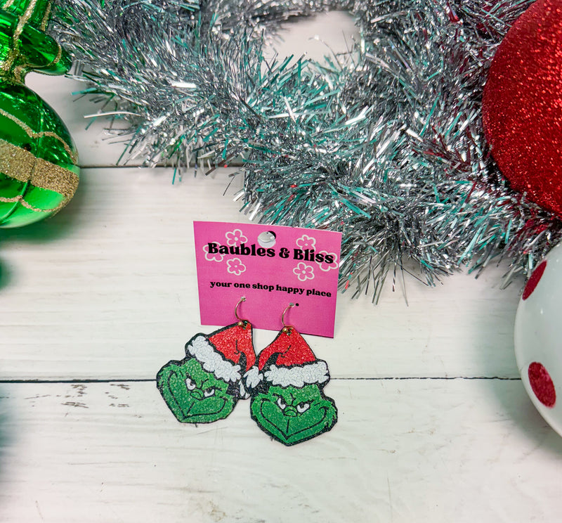 Glitter Grinch Face Earrings