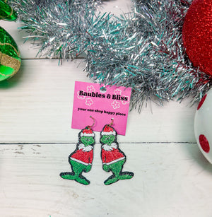 Glitter Grinch Santa Earrings