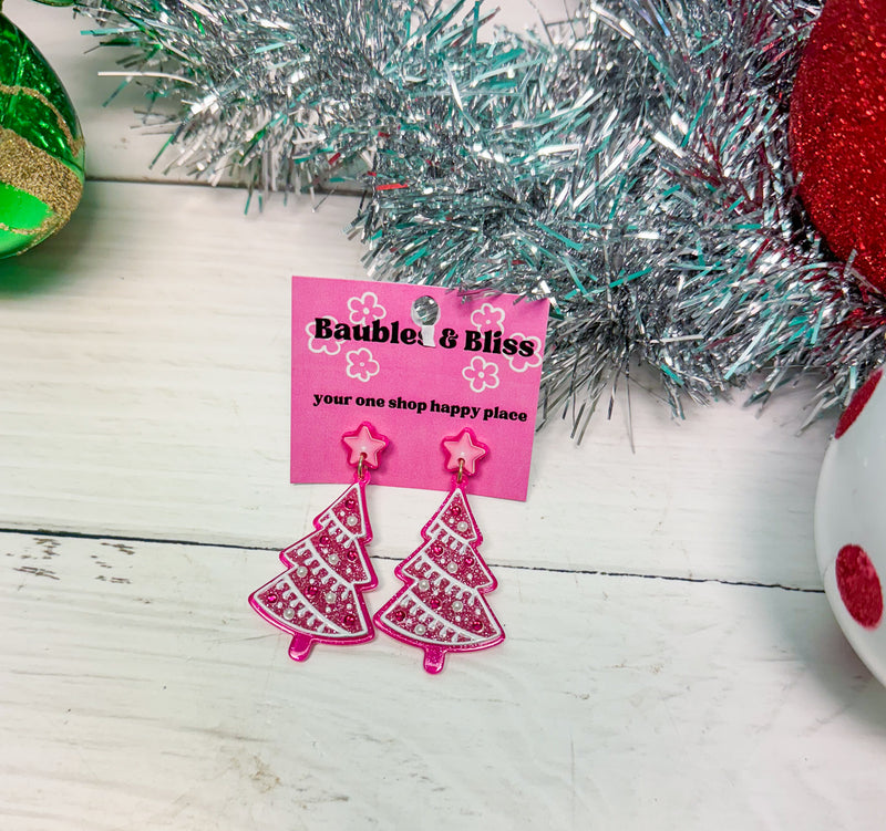 Pinkmas Glitter Pink Tree Earrings