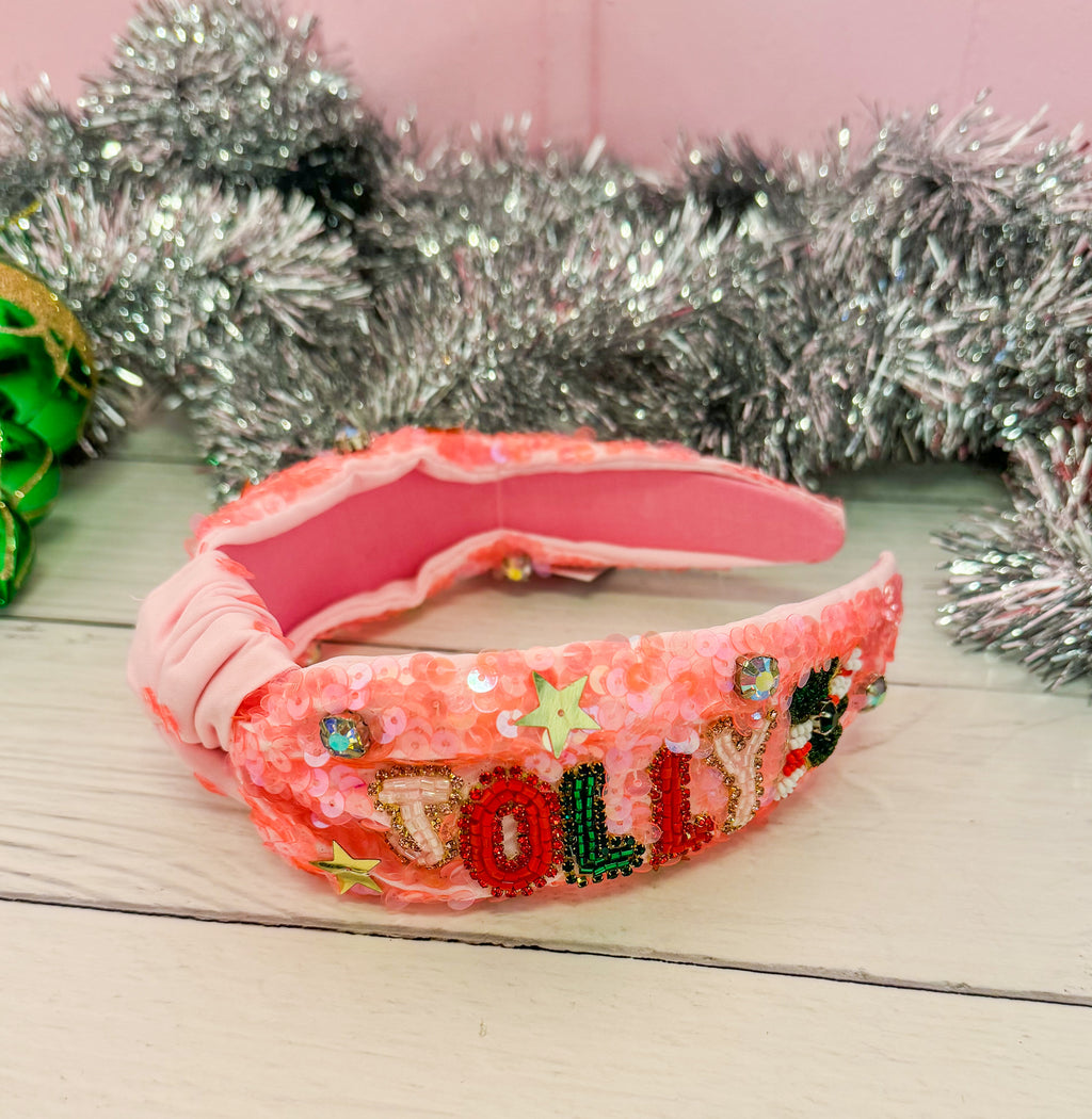 Holly Jolly Pink Bling Beaded Headband