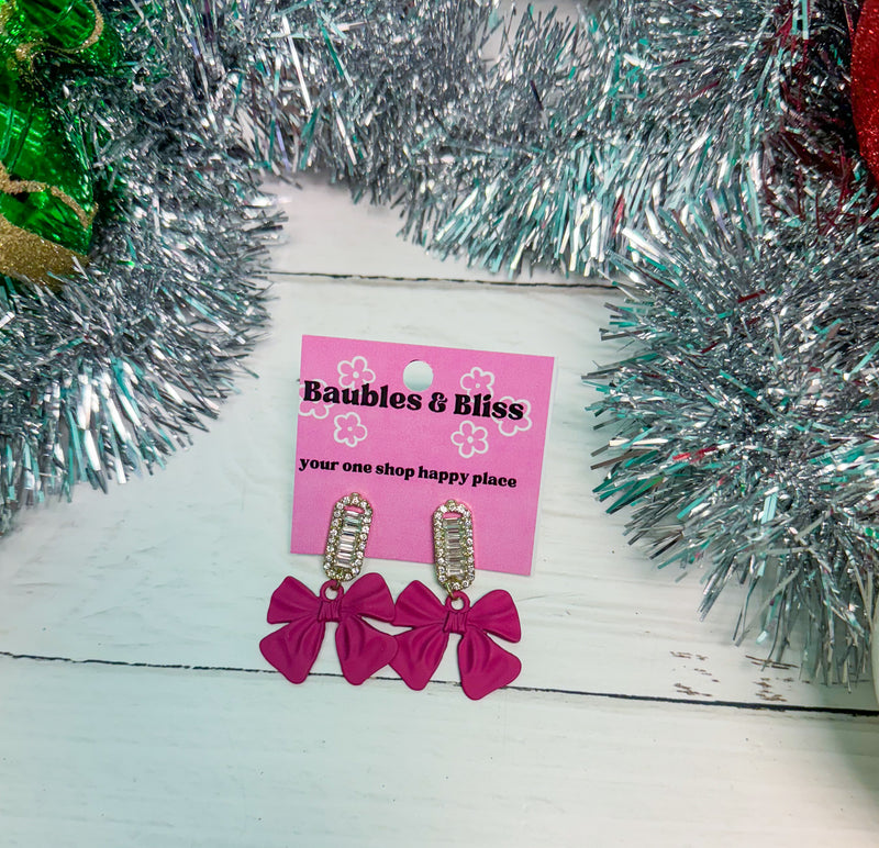 Glam Bling Fuchsia Bow Earrings