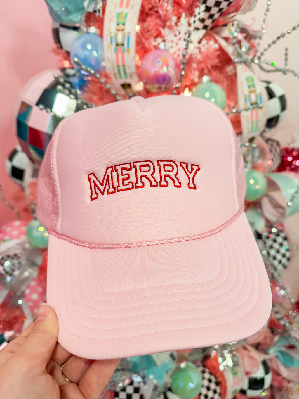 Merry Pink Embroidered Trucker Hat