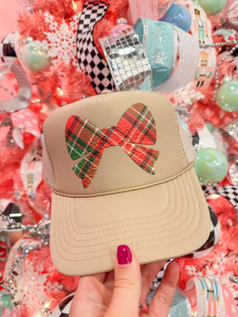 Plaid Bow Taupe Trucker Hat