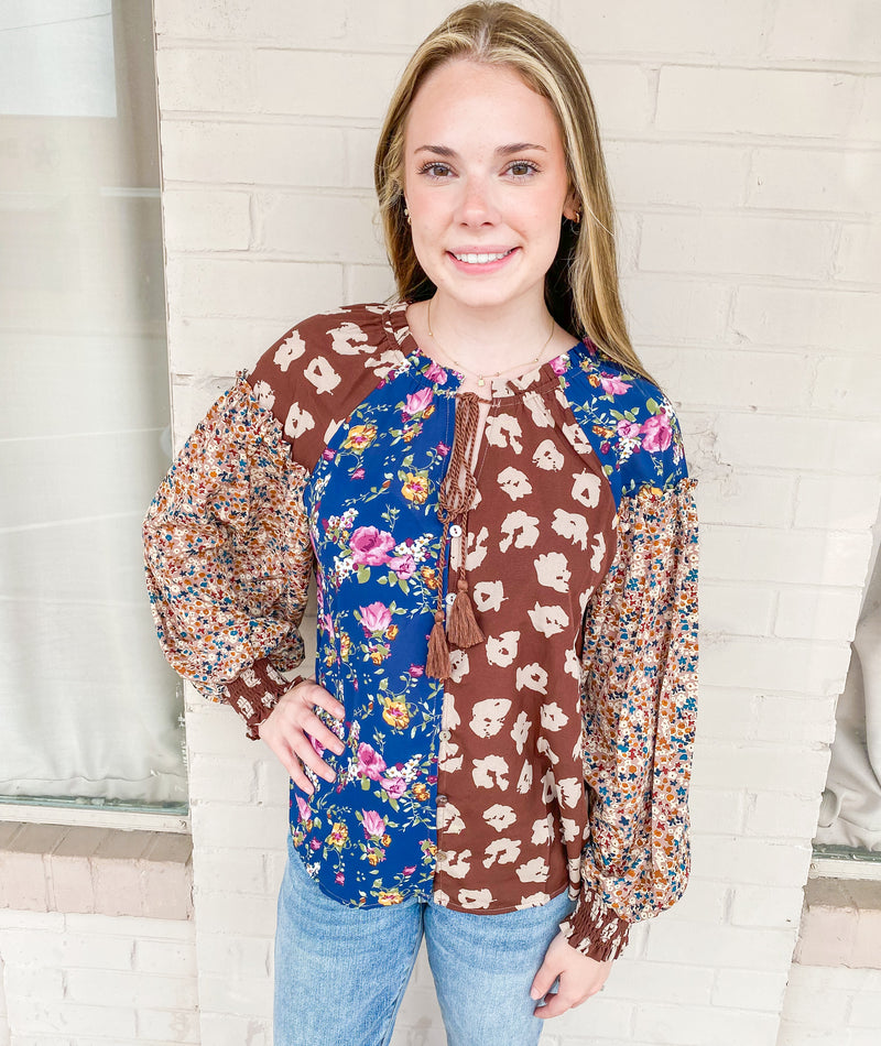 Free Spirit Mixed Print Long Puff Sleeve Top