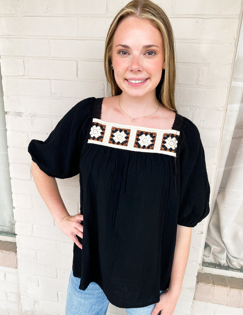 A Little Bit Boho Crochet Trim Black Top