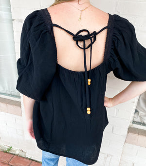 A Little Bit Boho Crochet Trim Black Top