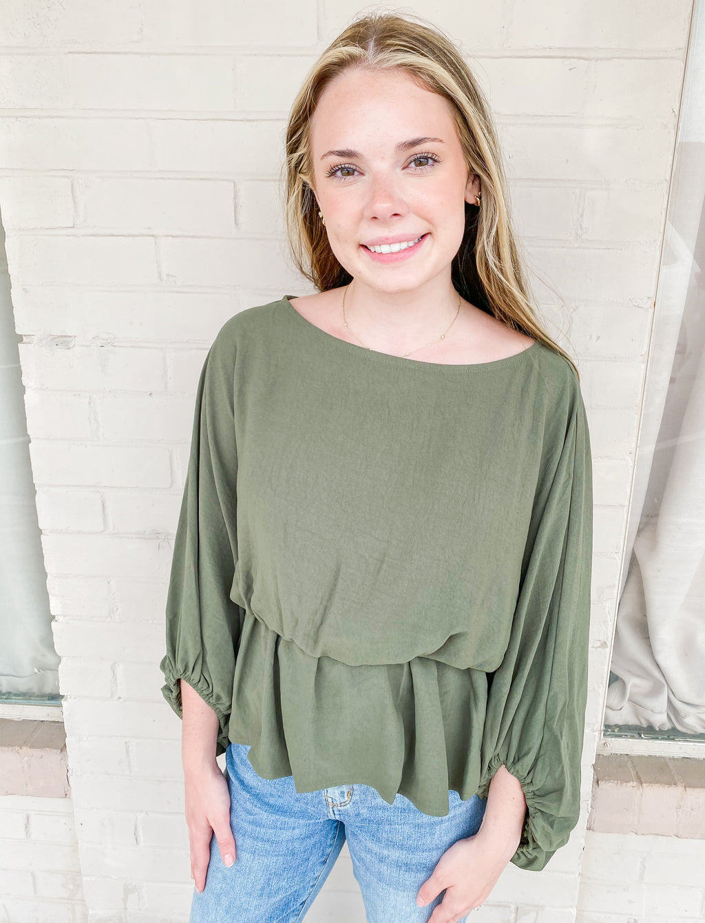 Keep You Around Balloon Sleeve Boat Neck Top in Olive