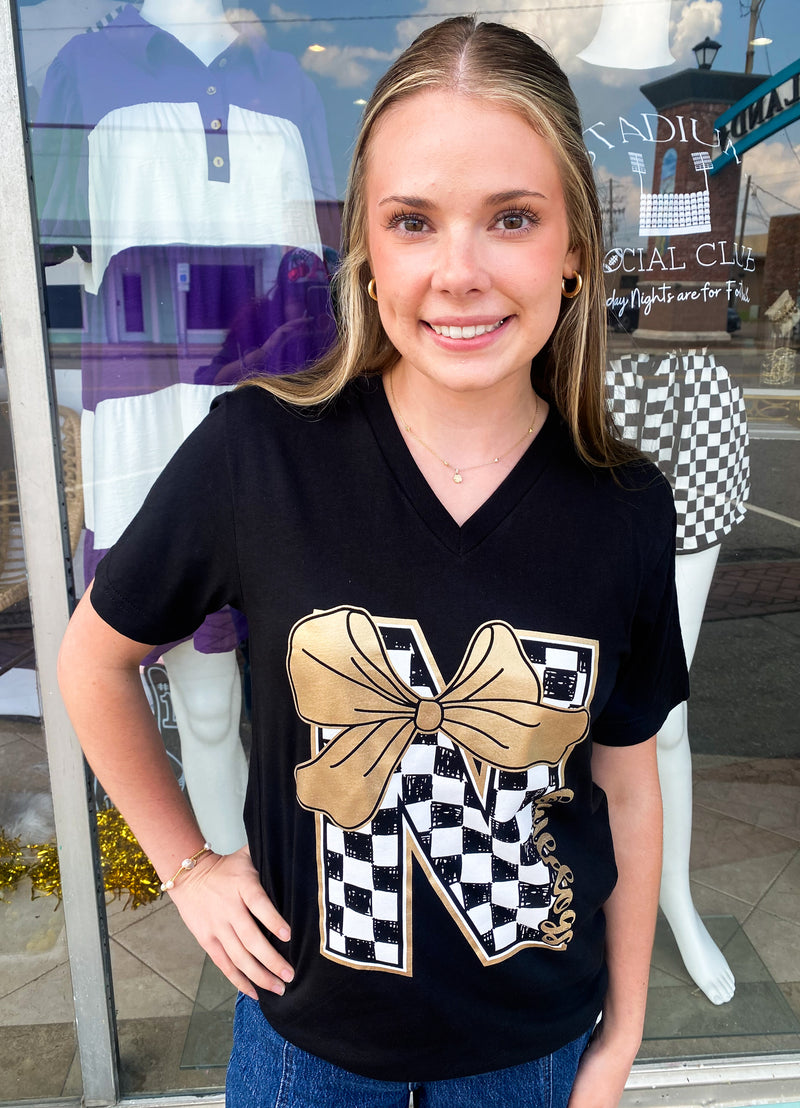 Bow Checkered N Bulldogs V Neck Tee