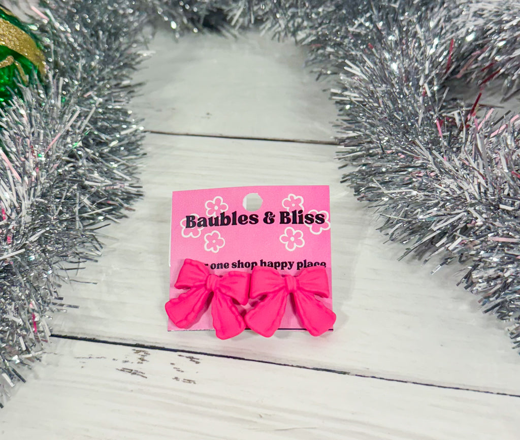 Matte Hot Pink Ribbon Bow Stud Earrings