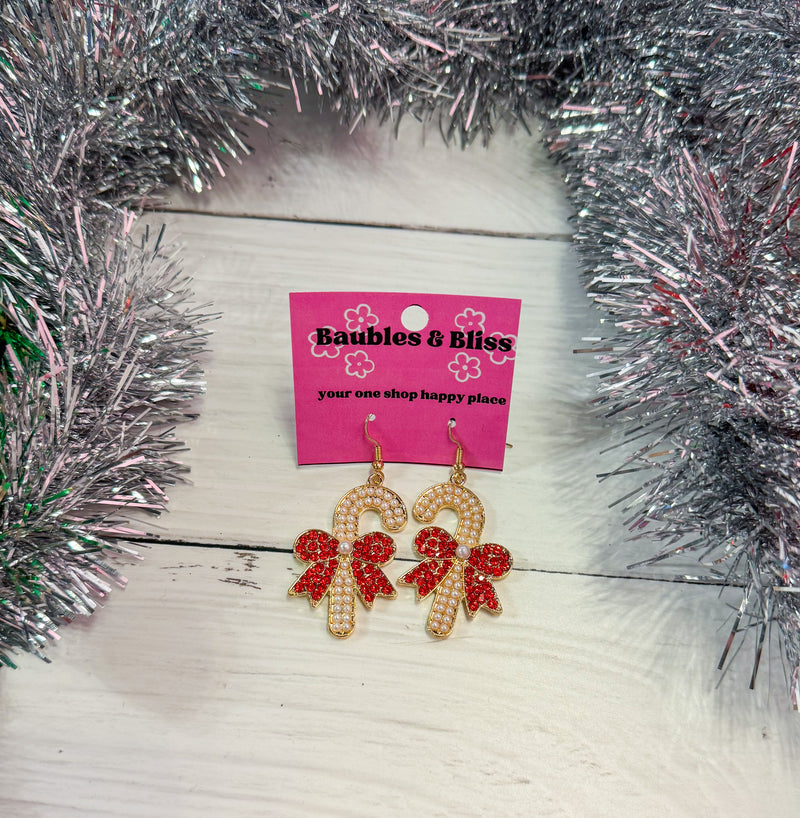 Nice List Pearl Candy Cane Earrings