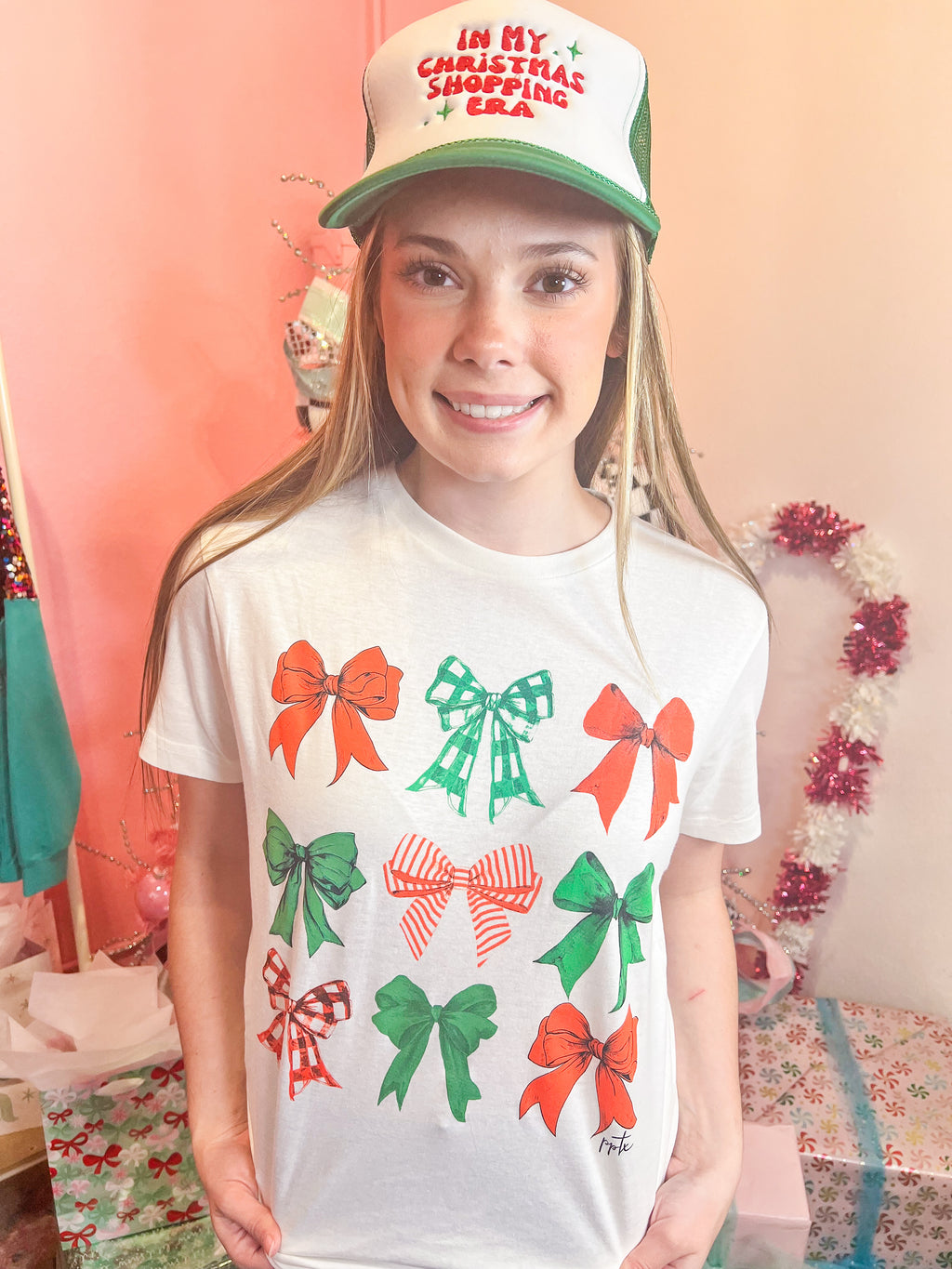 Christmas Bows Cream Tee