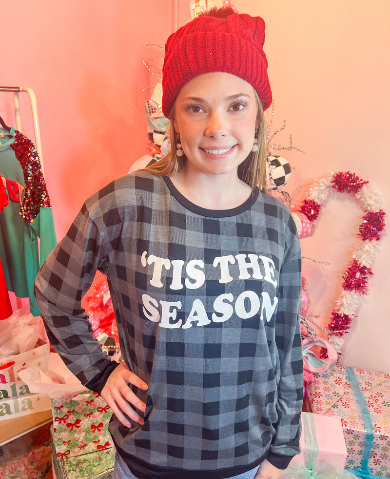 Tis The Season Gray Buffalo Check Long Sleeve Top