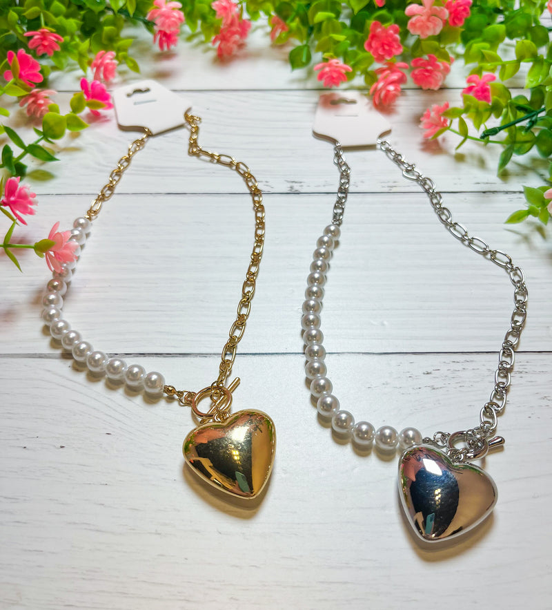 Loving You Puffy Heart Pearl Accent Toggle Necklace