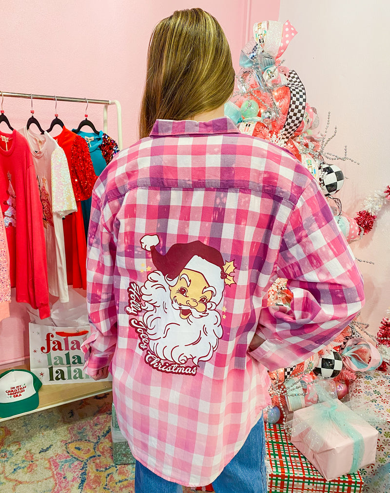 Holly Jolly Christmas Pink Plaid Santa Button Up Top