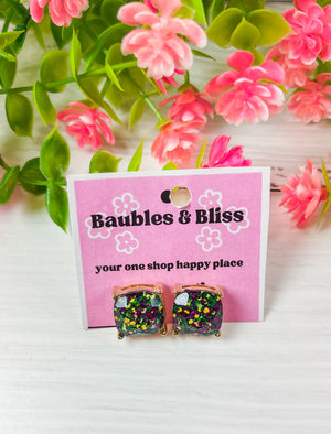 Mardi Gras Vibes Glitter Square Stud Earrings