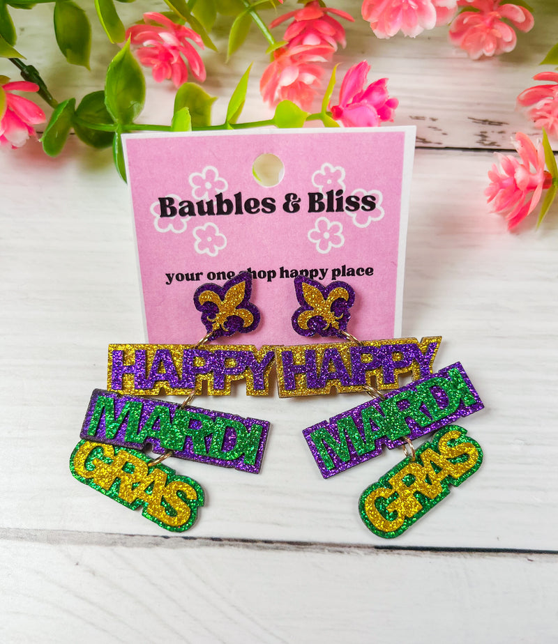 Happy Mardi Gras Glitter Earrings