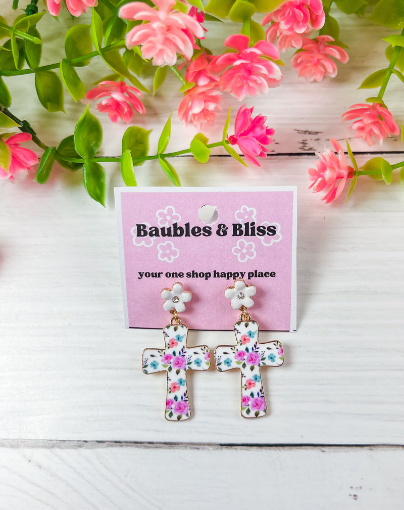 Floral Faith Cross Earrings