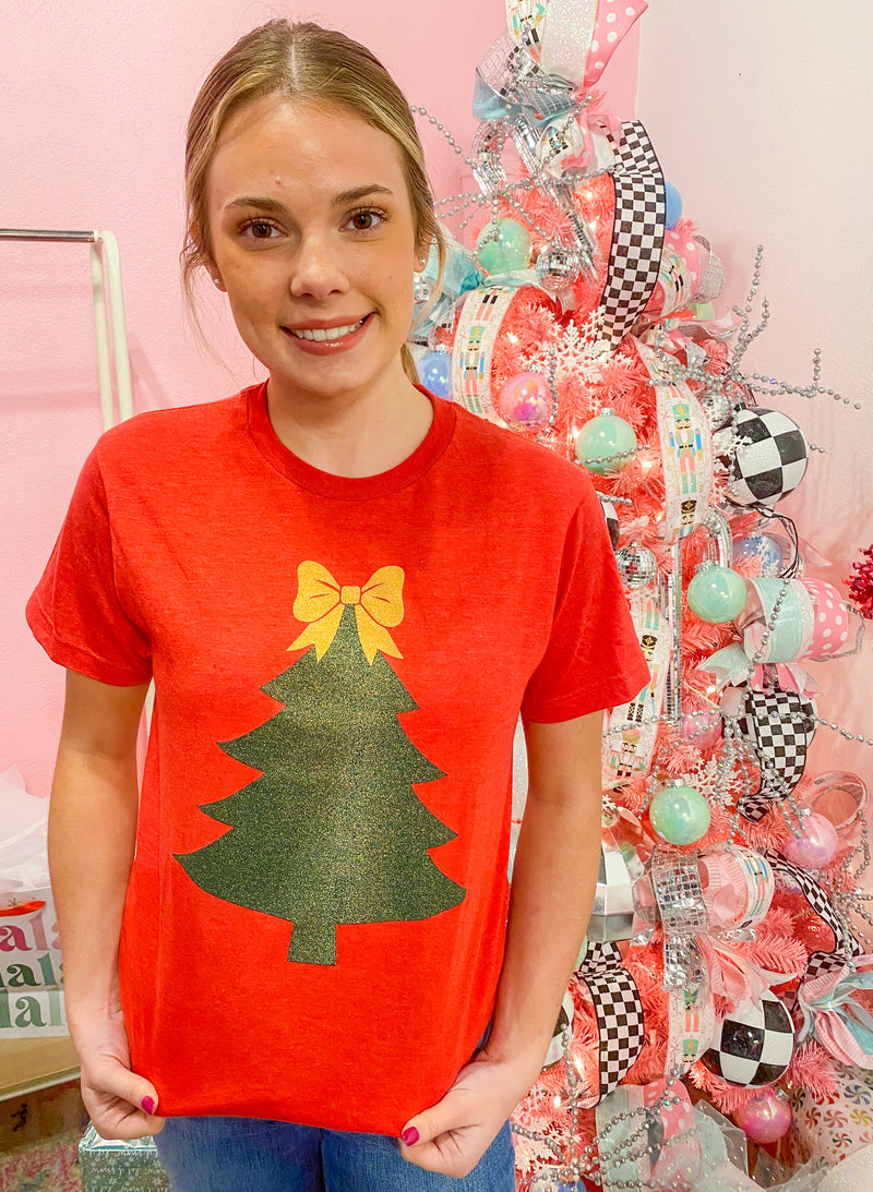 Glitter Bow Tree Heathered Red Tee