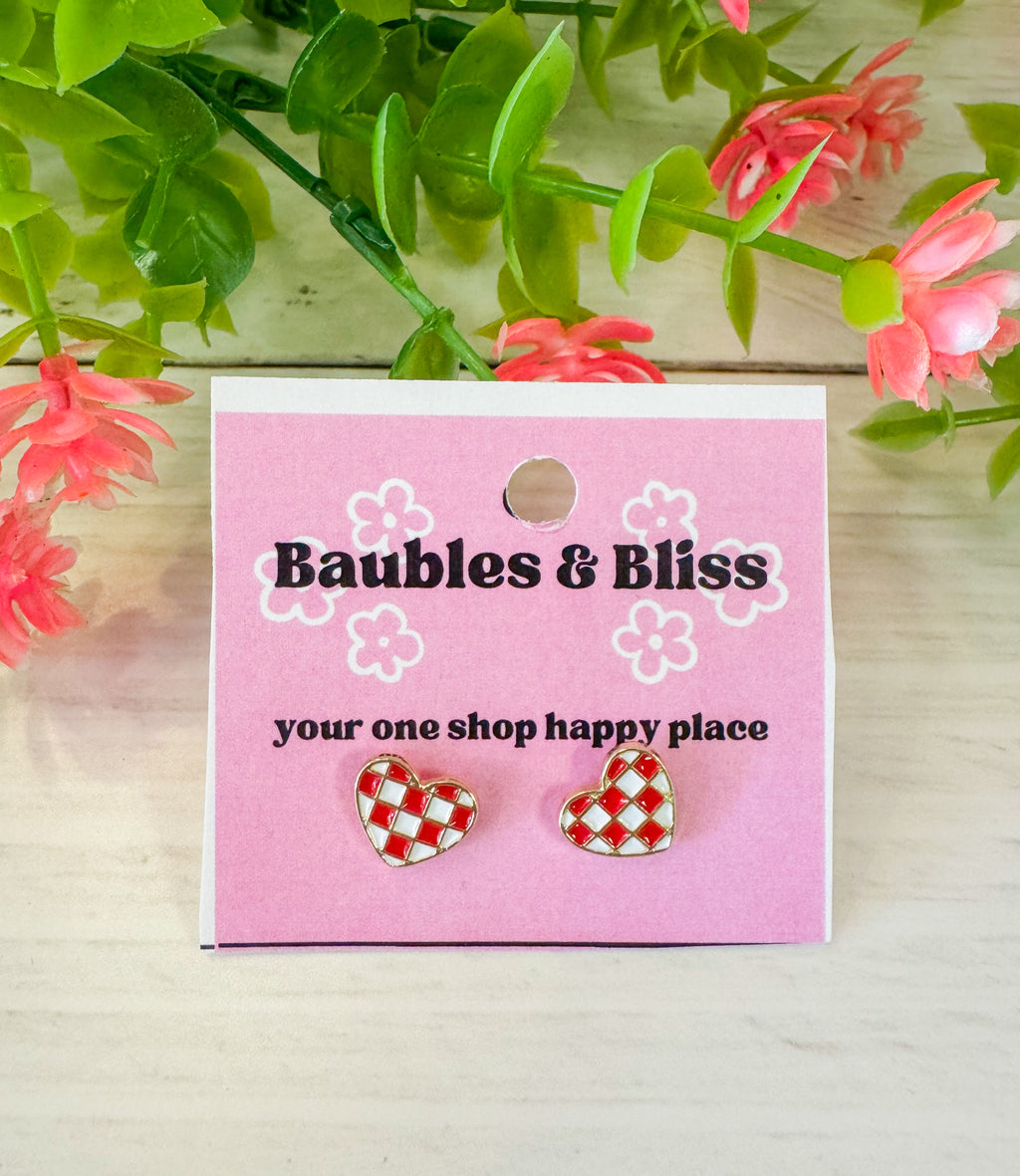 Cutesy Tiny Red Check Heart Stud Earrings