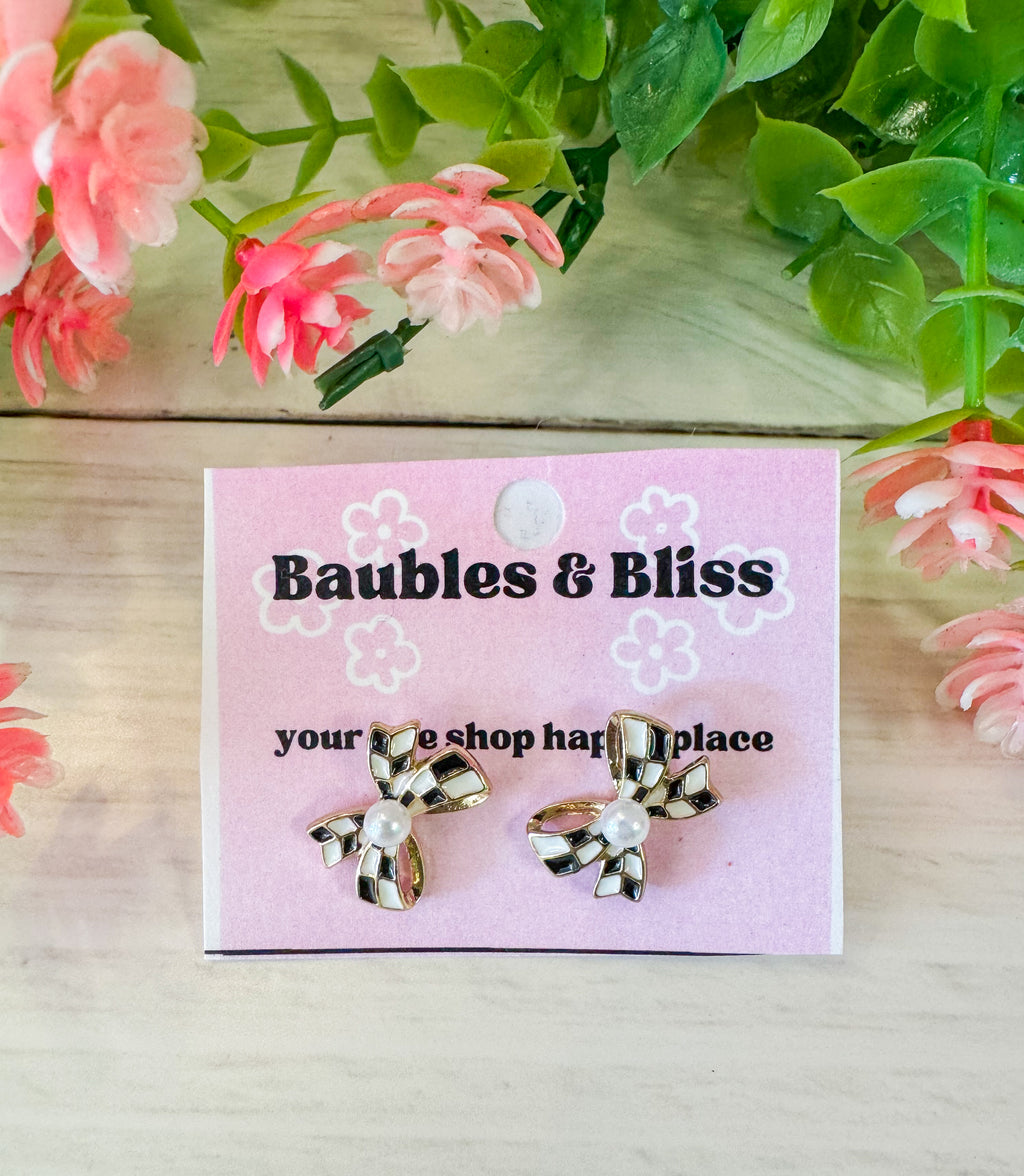 Checked Bow Stud Earrings