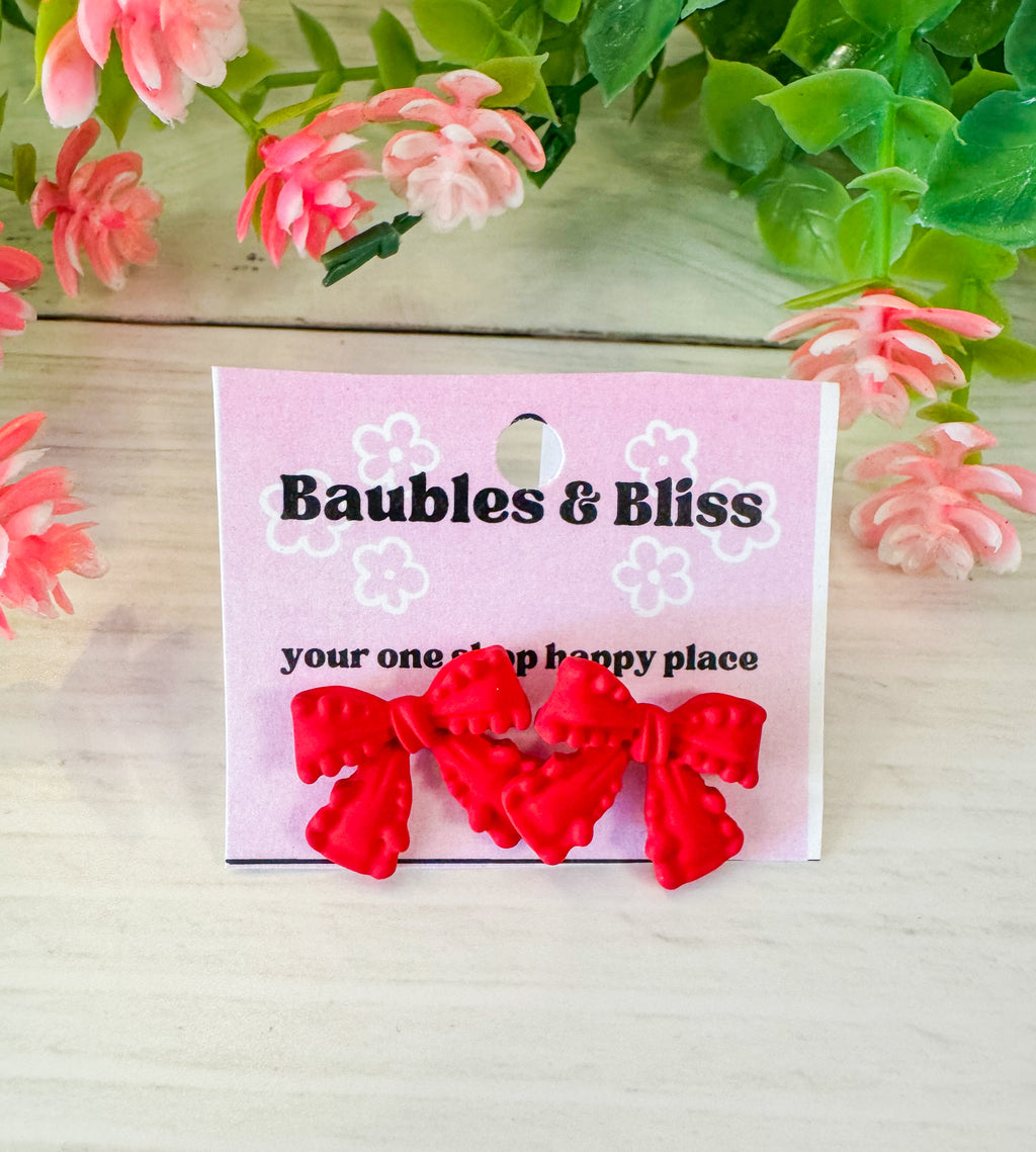 Matte Red Ribbon Bow Stud Earrings