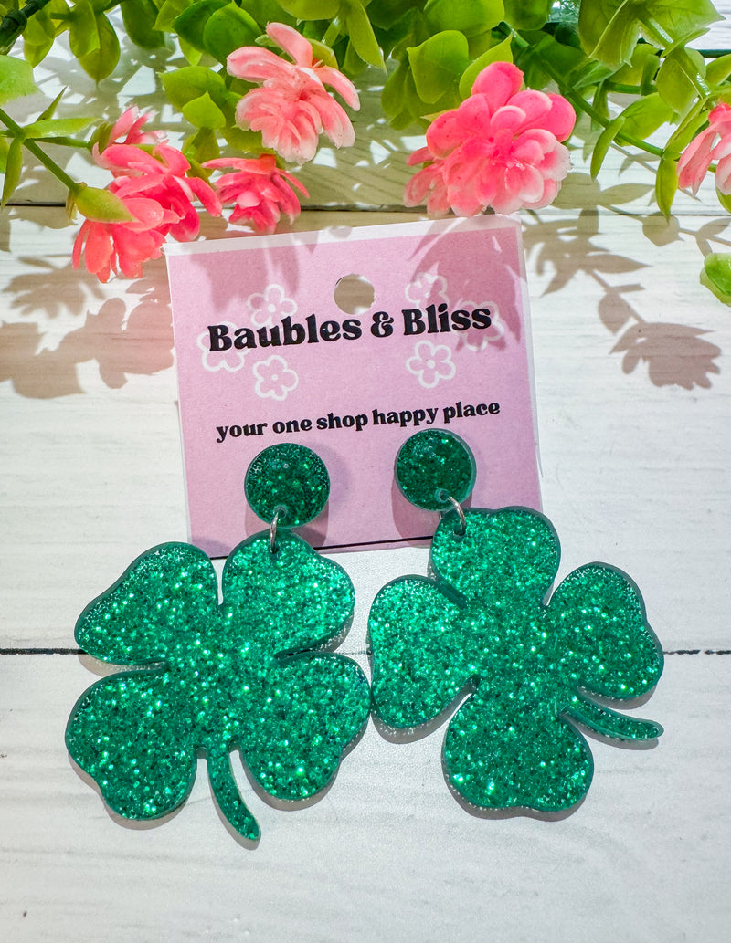 Lucky You 4 Leaf Clover Glitter Earrings