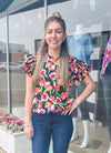 Bright & Blooming Colorful Floral Black Ruffle Top