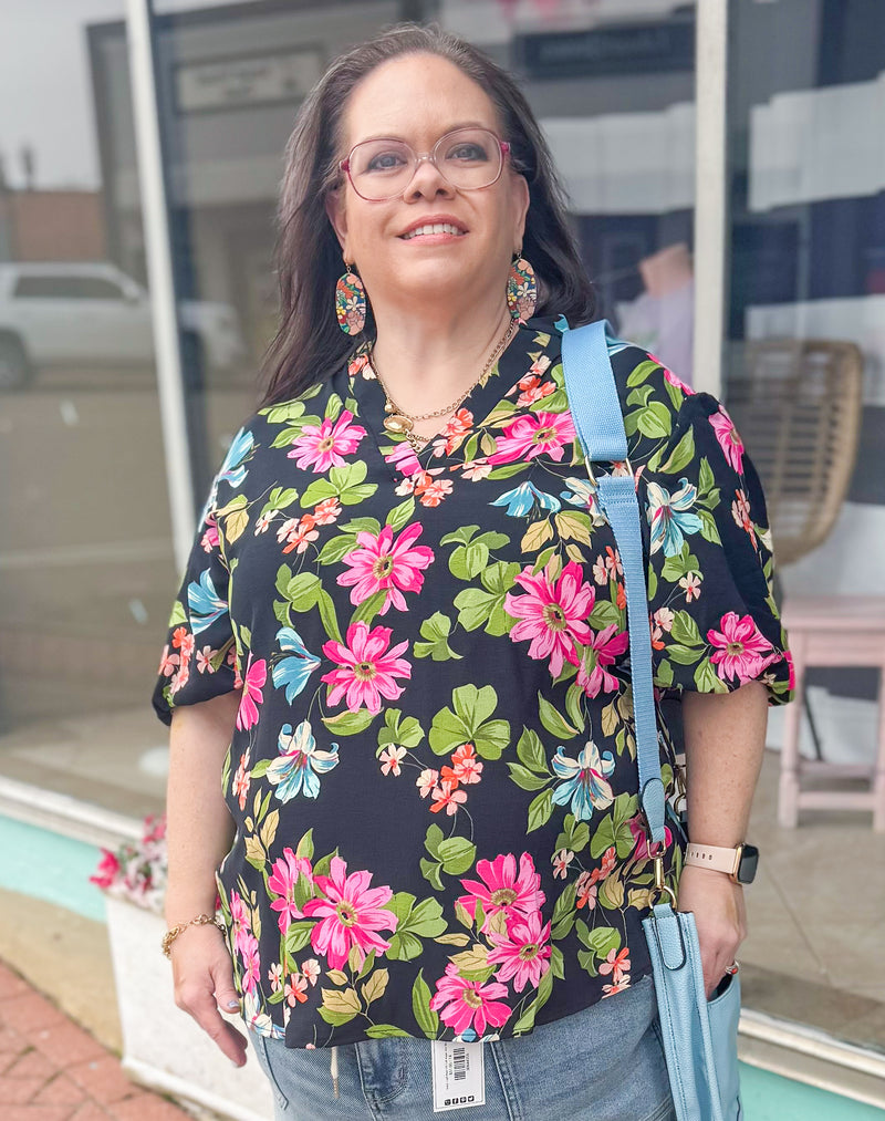 Spring Break Ready Floral Black V Neck Top