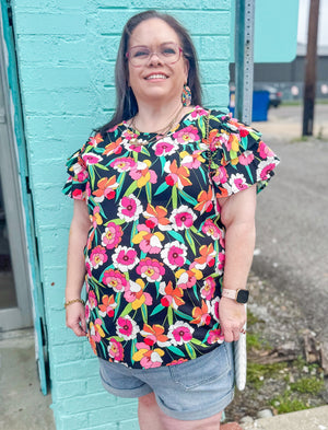 Bright & Blooming Colorful Floral Black Ruffle Top