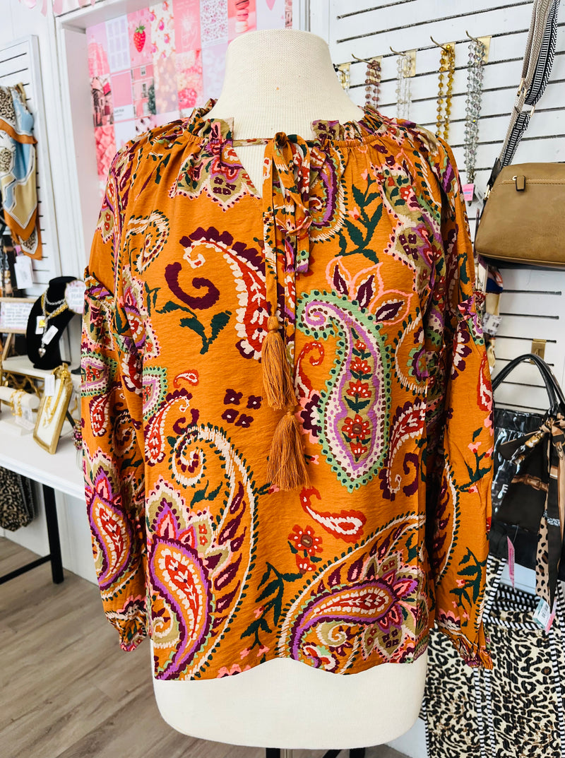 Golden Hour Toffee Paisley Print Long Sleeve Top
